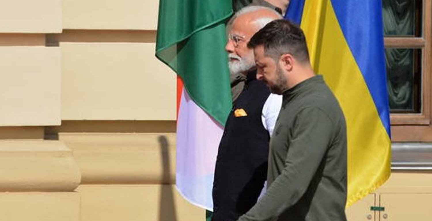 Prime Minister of India Narendra Modi and President of Ukraine Volodymyr Zelenskyi seen during official meeting in Kiev.