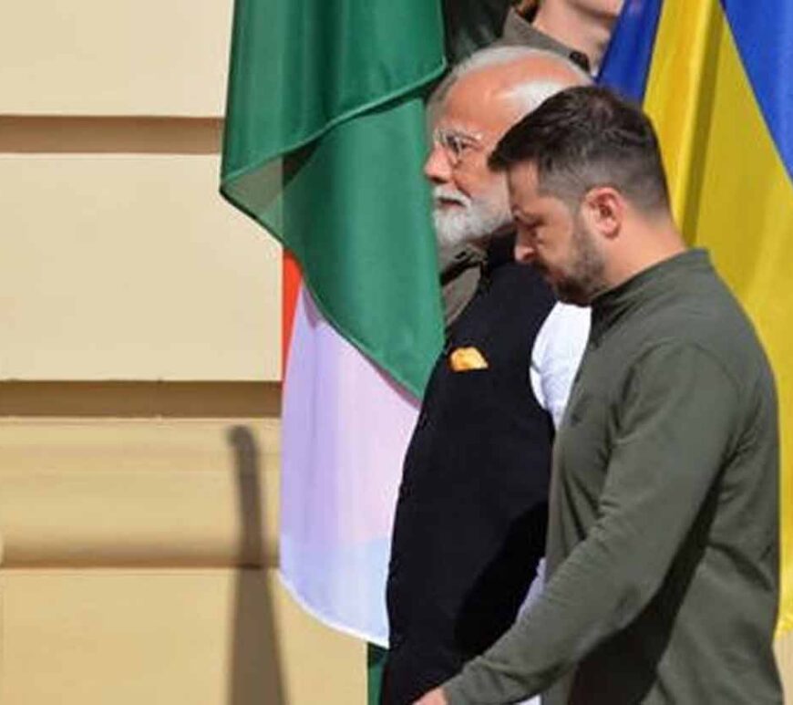 Prime Minister of India Narendra Modi and President of Ukraine Volodymyr Zelenskyi seen during official meeting in Kiev.