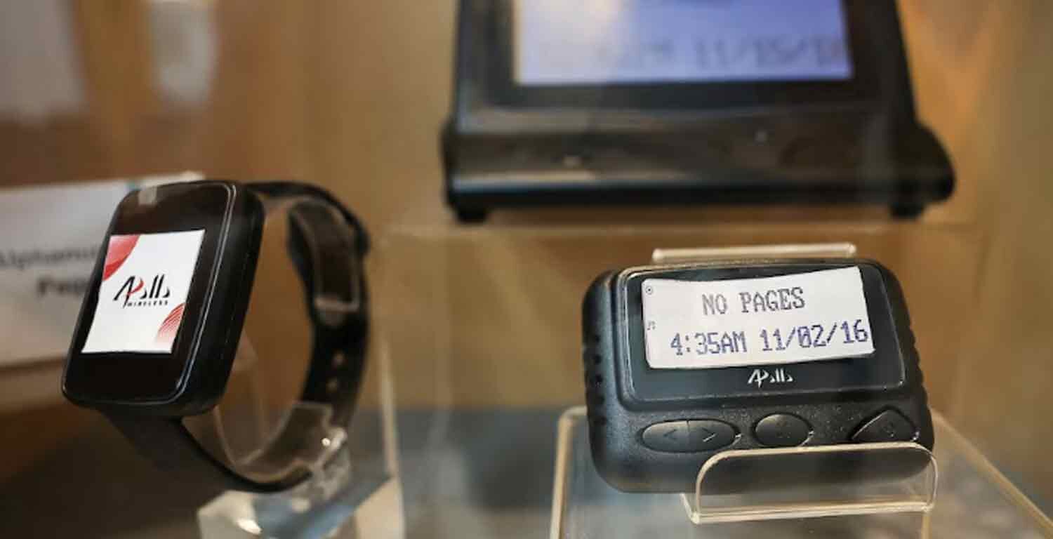 Pagers on display at a meeting room at the Gold Apollo company building in New Taipei City, Taiwan.