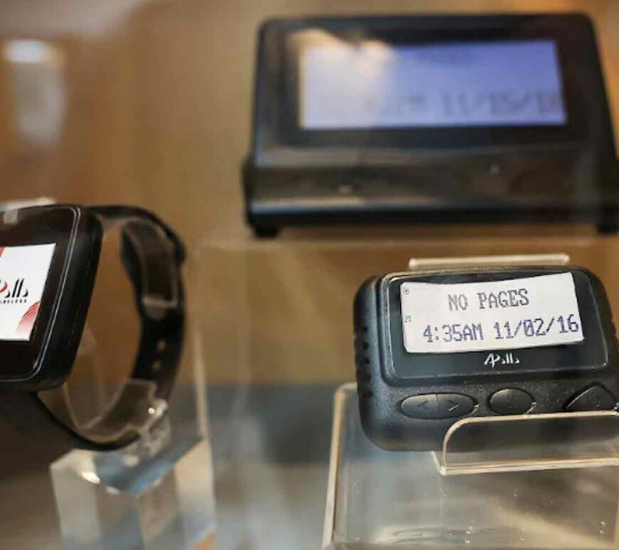 Pagers on display at a meeting room at the Gold Apollo company building in New Taipei City, Taiwan.