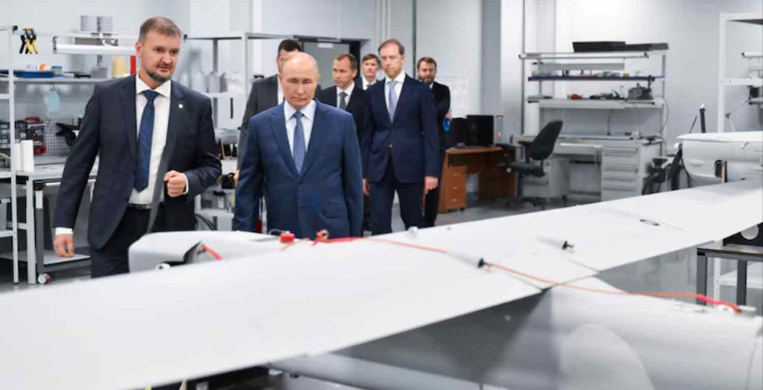 Russia's President Vladimir Putin visits a drone production facility of the the Special Technology Centre in Saint Petersburg, Russia.