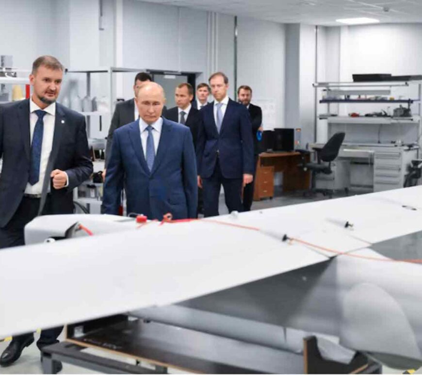 Russia's President Vladimir Putin visits a drone production facility of the the Special Technology Centre in Saint Petersburg, Russia.