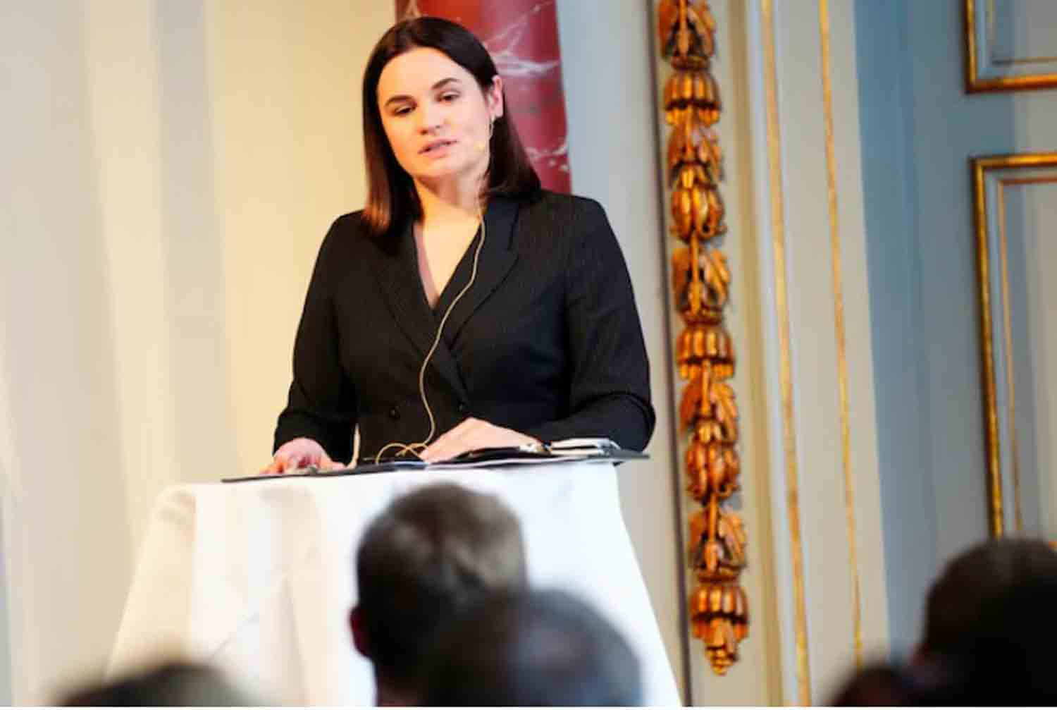 Sviatlana-Tsikhanouskaya The leader of the Belarusian democracy movement, Sviatlana Tsikhanouskaya speaks on the day she receives the 'European of the Year' prize at the National Museum of Denmark in Copenhagen, Denmark.