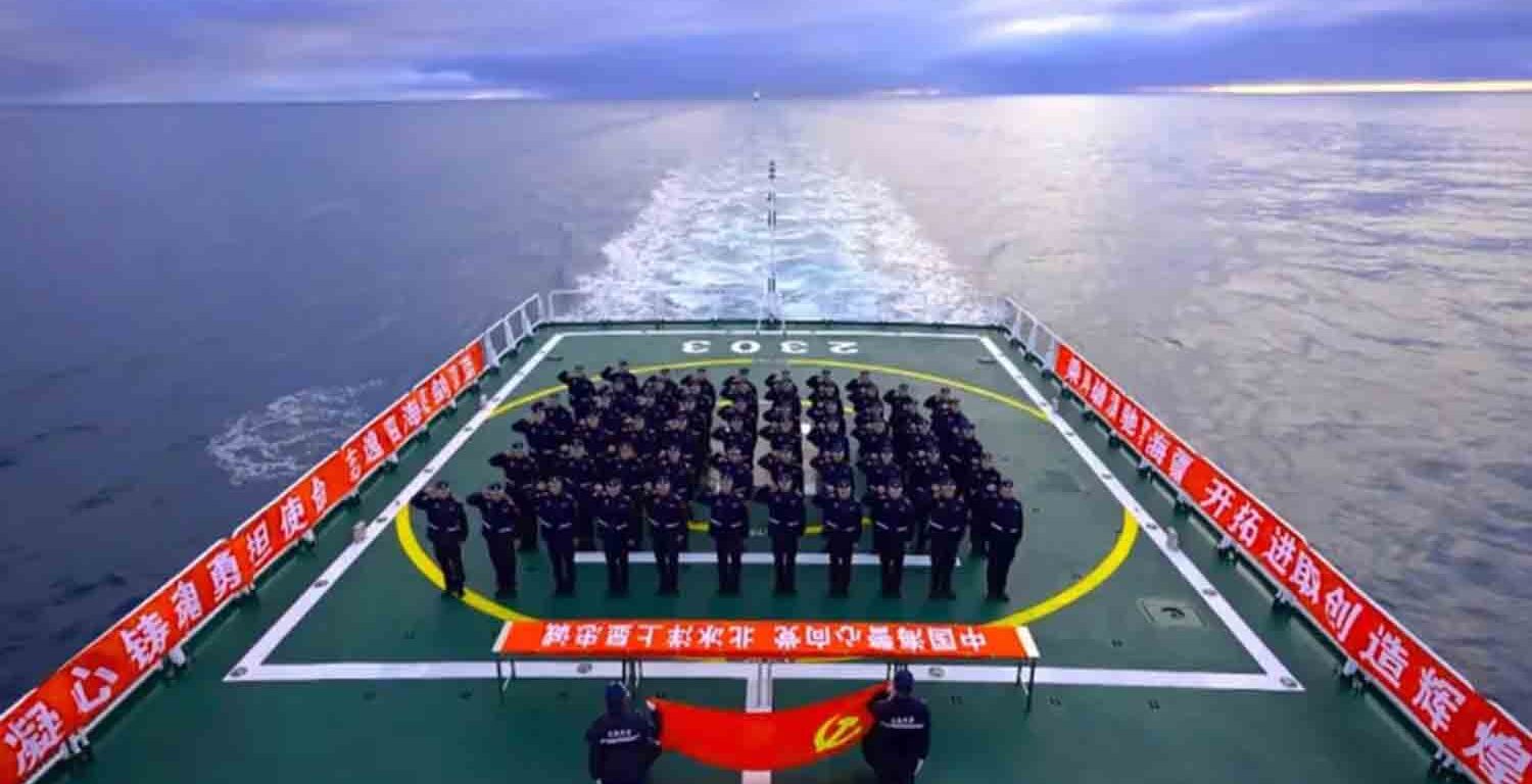 Members of the China Coast Guard stand in formation during a joint patrol with Russia that China says entered the Arctic Ocean.