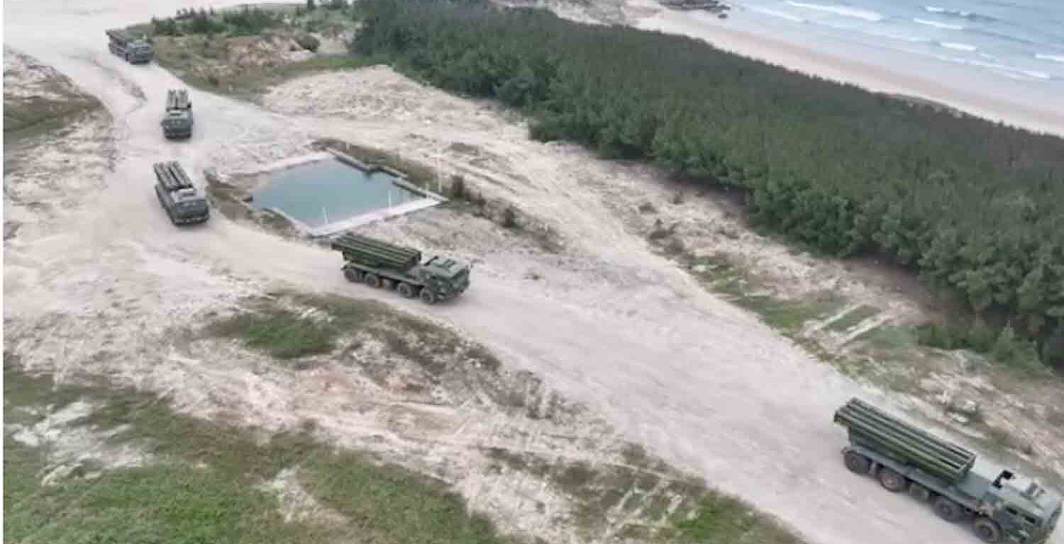 Members of the Chinese People's Liberation Army (PLA) take part in the "Joint Sword-2024B" military drills around Taiwan, from an undisclosed location in this screenshot from a handout video released by the PLA Eastern Theatre Command.