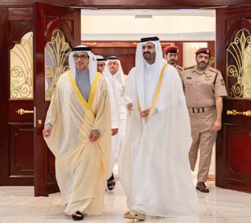 Sheikh Mansour bin Zayed Al Nahyan, UAE Vice President and Deputy Prime Minister received by Sheikh Abdullah bin Hamad Al Thani, Deputy Emir of the State of Qatar, at Doha International Airport, Qatar.