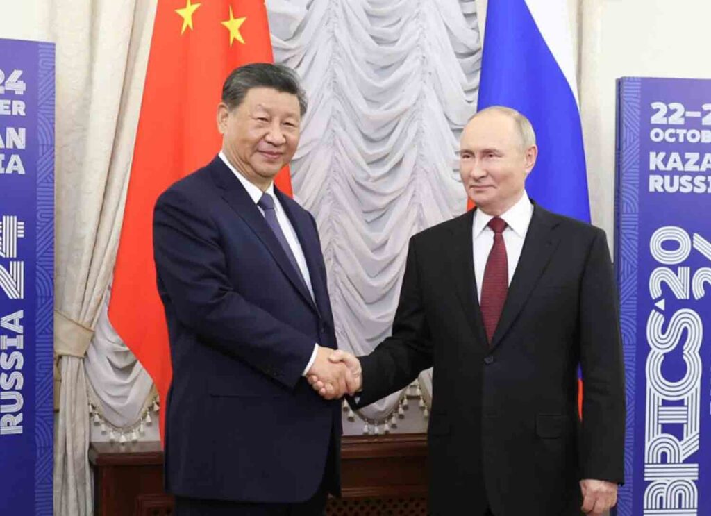 Chinese President Xi Jinping meets with Russian President Vladimir Putin in Kazan, Russia.