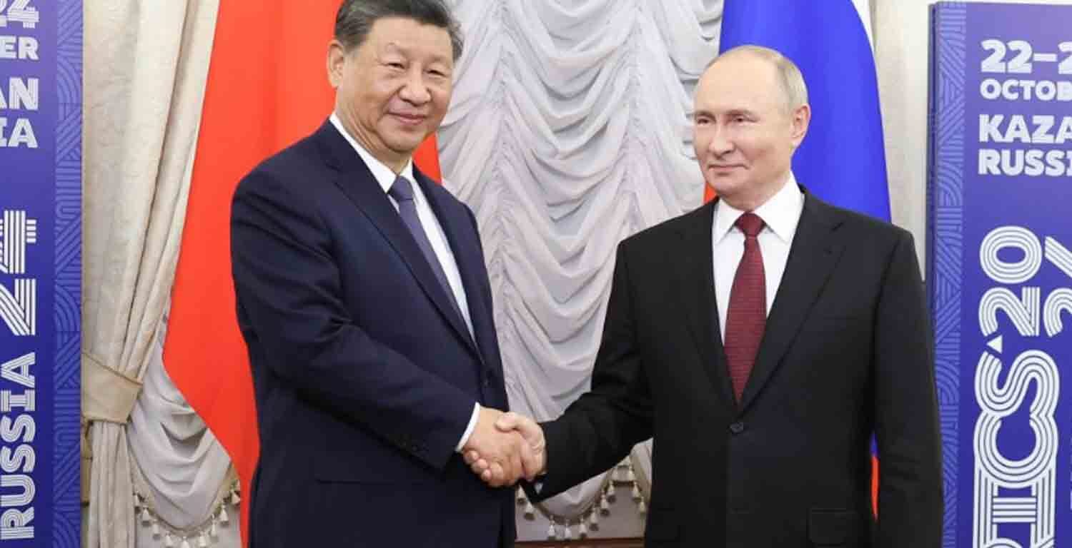 Chinese President Xi Jinping meets with Russian President Vladimir Putin in Kazan, Russia.