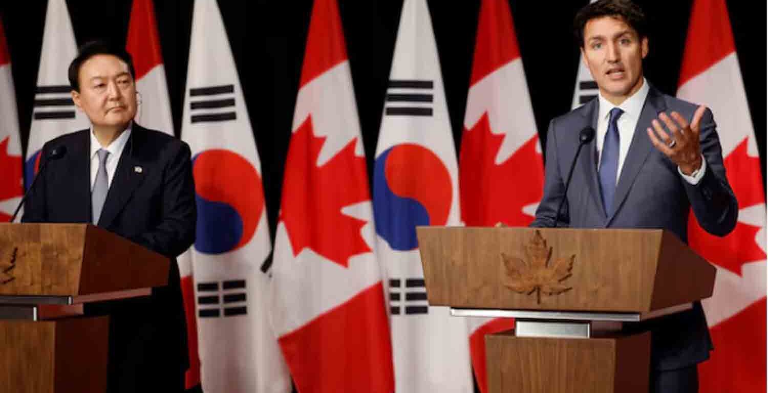 South Korean President Yoon Suk-yeol and Canada's Prime Minister Justin Trudeau take part in a news conference in Ottawa, Ontario, Canada.