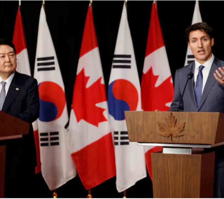 South Korean President Yoon Suk-yeol and Canada's Prime Minister Justin Trudeau take part in a news conference in Ottawa, Ontario, Canada.