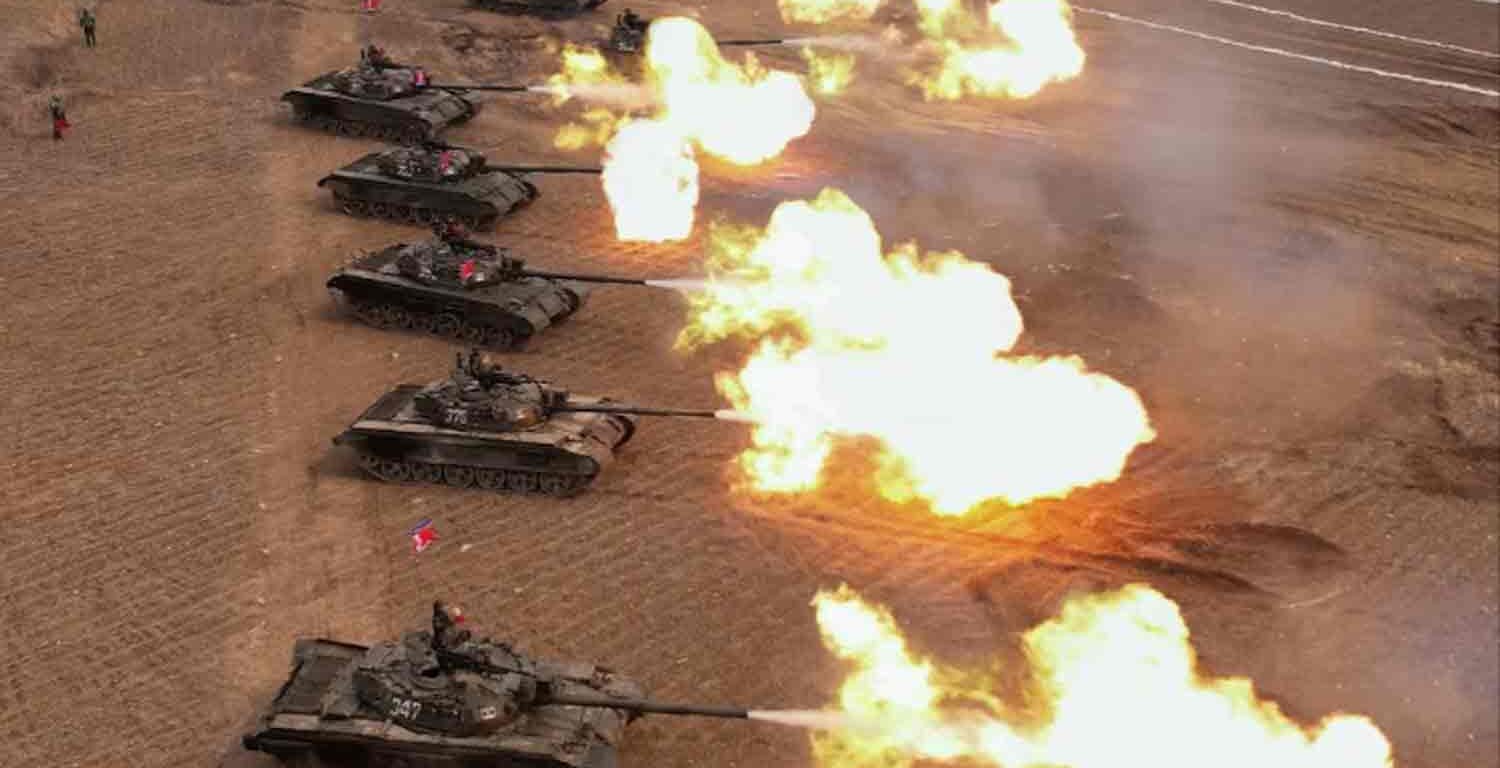 A military demonstration involving tank units, guided by North Korean leader Kim Jong Un (not pictured), is held in North Korea.