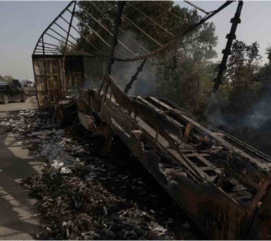 A view shows a semi-truck destroyed during a Russian drone strike near Ukraine-Romania border, amid Russia's attack on Ukraine, in Odesa region, Ukraine.