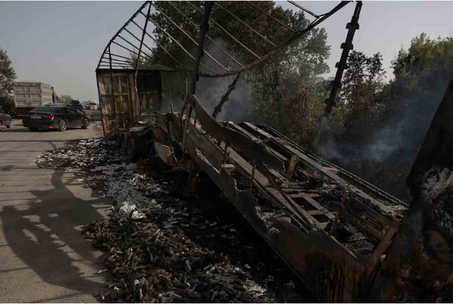 A view shows a semi-truck destroyed during a Russian drone strike near Ukraine-Romania border, amid Russia's attack on Ukraine, in Odesa region, Ukraine.