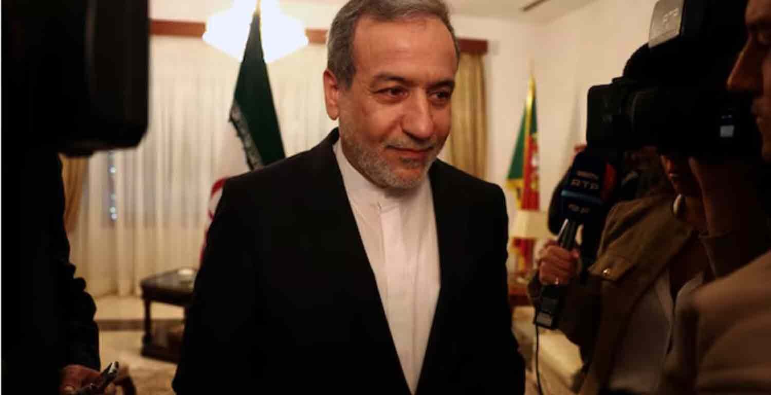 Iranian Foreign Minister Abbas Araghchi gives a briefing on the sidelines of a UN event in Lisbon, Portugal.