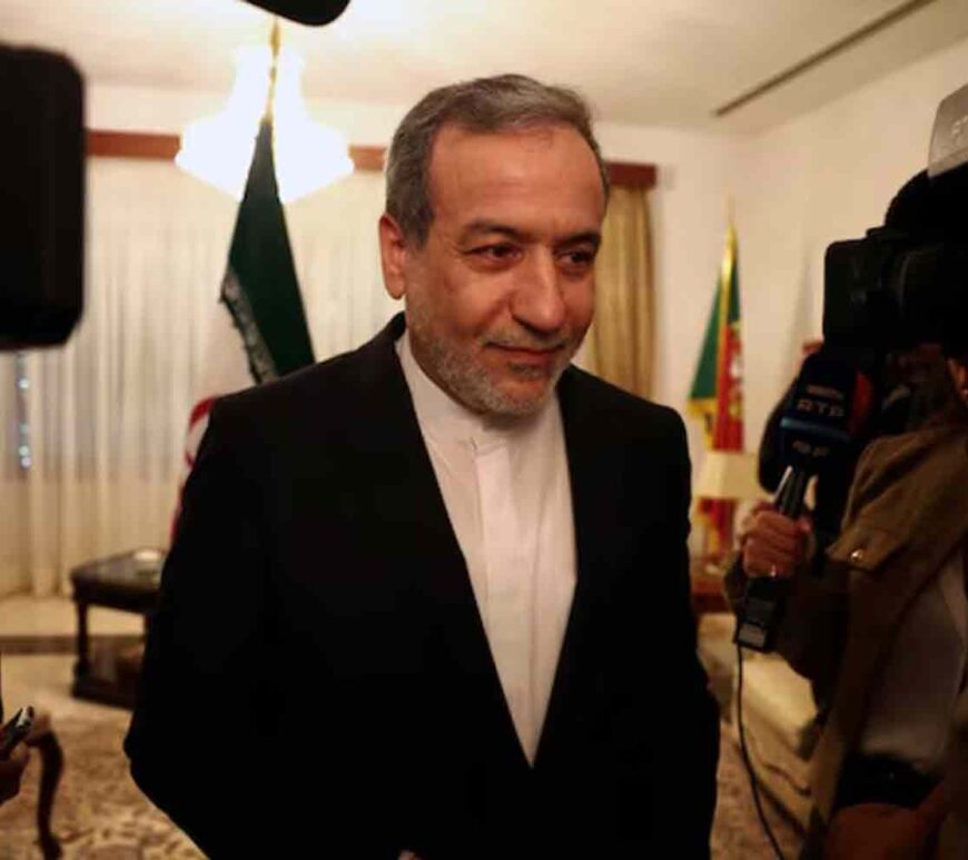 Iranian Foreign Minister Abbas Araghchi gives a briefing on the sidelines of a UN event in Lisbon, Portugal.