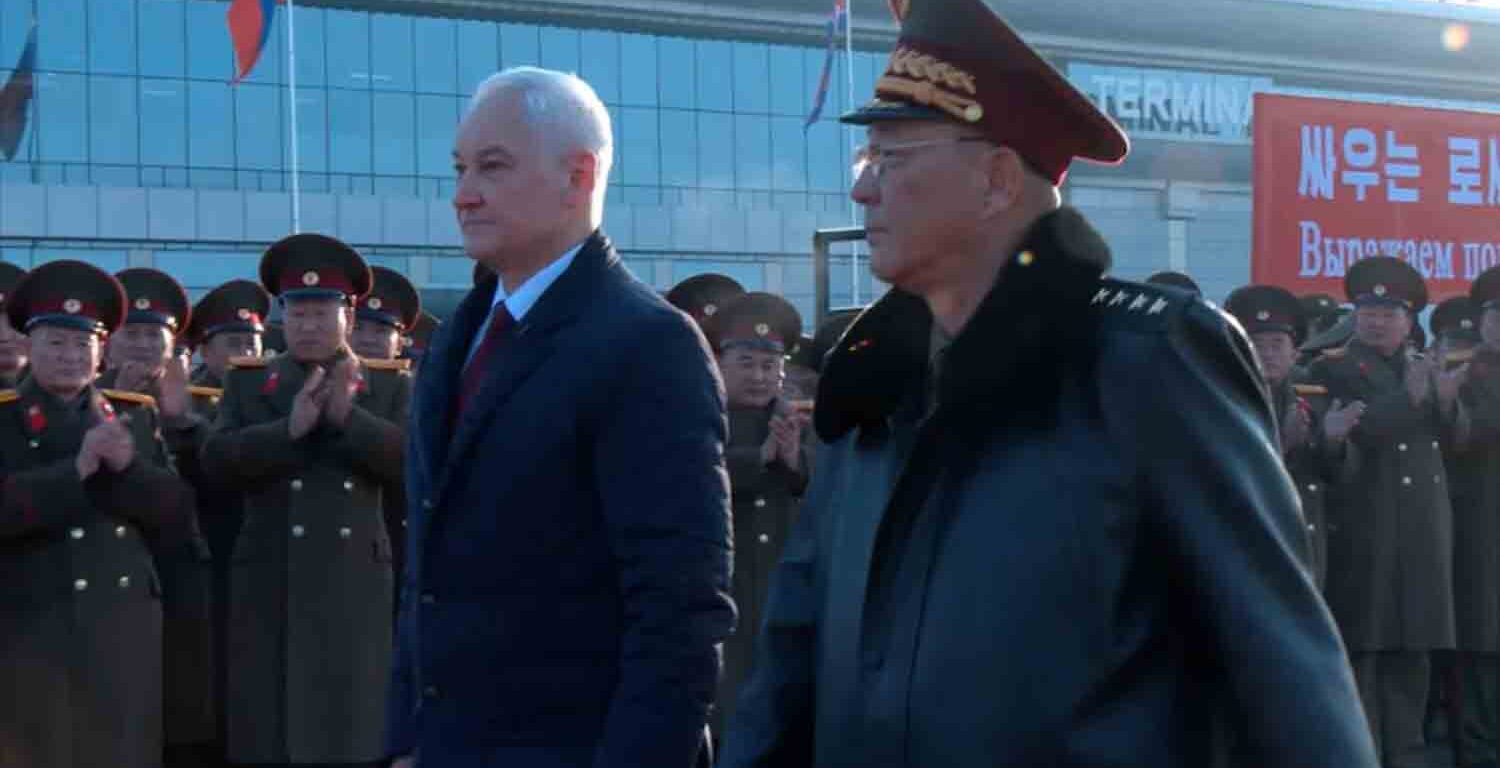 Russian Defence Minister Andrei Belousov is welcomed by North Korean Defence Minister No Kwang Chol during a ceremony upon his arrival at Pyongyang Sunan International Airport, North Korea.