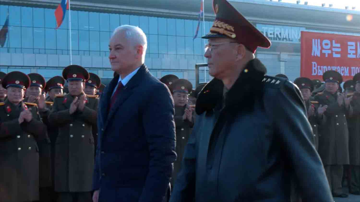 Andrei-Belousov-is-welcomed-by-North-Korean-Defence-Minister-No-Kwang-Chol Russian Defence Minister Andrei Belousov is welcomed by North Korean Defence Minister No Kwang Chol during a ceremony upon his arrival at Pyongyang Sunan International Airport, North Korea.