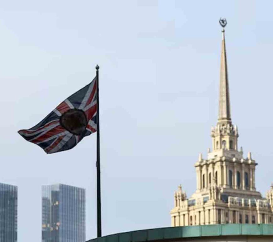 A flag flies above the British embassy in Moscow, Russia.