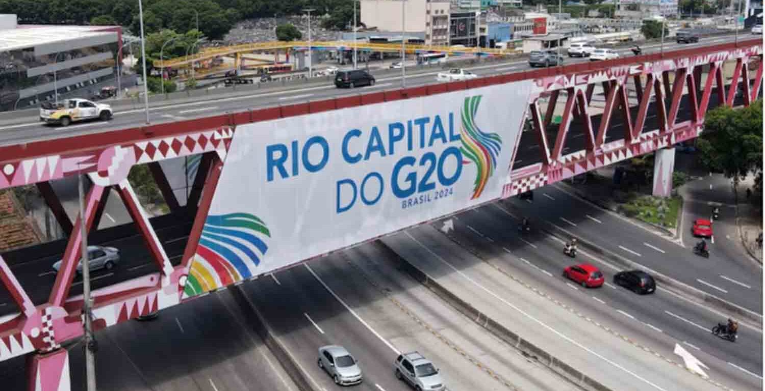 A drone view shows a banner on a bridge ahead of G20 Summit in Rio de Janeiro, Brazil.