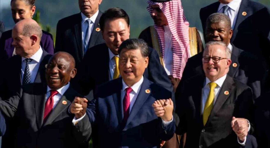 Cyril Ramaphosa, Chinese President Xi Jinping, and Australian Prime Minister Anthony Albanese, pose with other G20 leaders during an event launching the Global Alliance Against Hunger and Poverty at the G20 Summit at the Museum of Modern Art in Rio de Janeiro, Brazil.