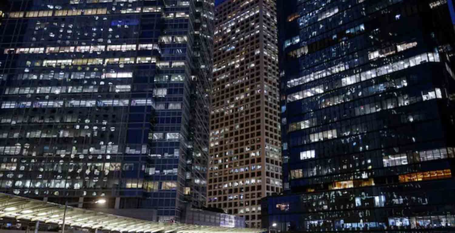 An evening view of the financial central district of Hong Kong, China.