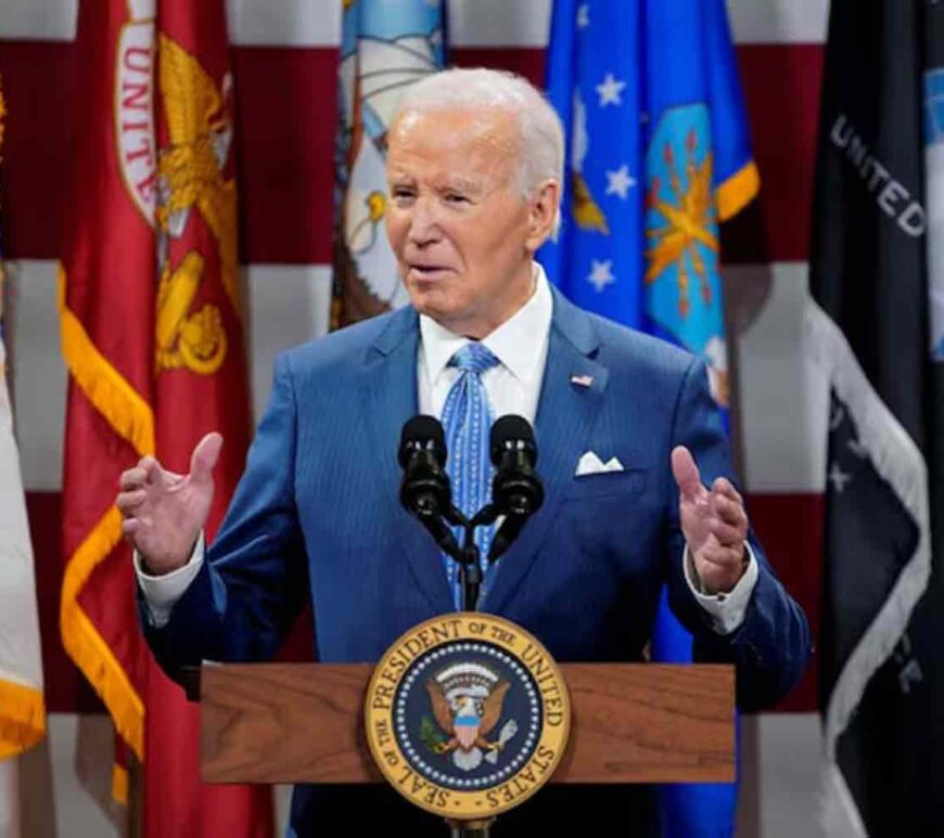 U.S. President Joe Biden speaks during a dinner with U.S. service members and their families ahead of Thanksgiving at U.S. Coast Guard Sector New York on Staten Island, New York, U.S.