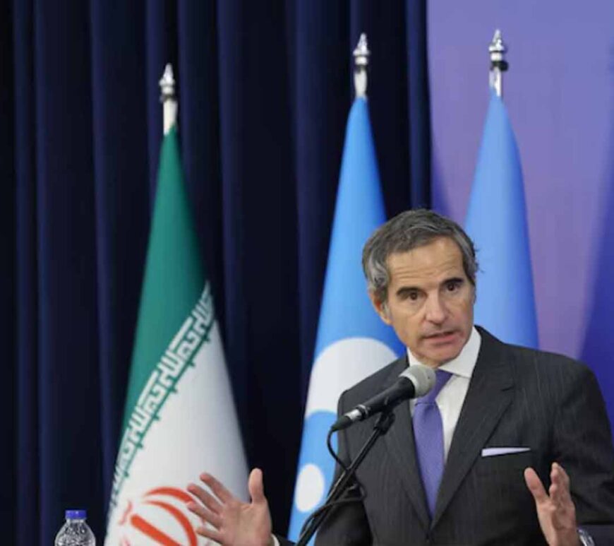 International Atomic Energy Agency (IAEA) Director General Rafael Mariano Grossi speaks during a press conference with Head of Iran's Atomic Energy Organization Mohammad Eslami, in Tehran, Iran.