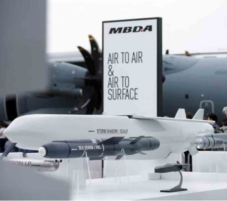 Air-launched long-range Storm Shadow/SCALP cruise missile, manufactured by MBDA, pictured at the 54th International Paris Air Show at Le Bourget Airport near Paris, France.