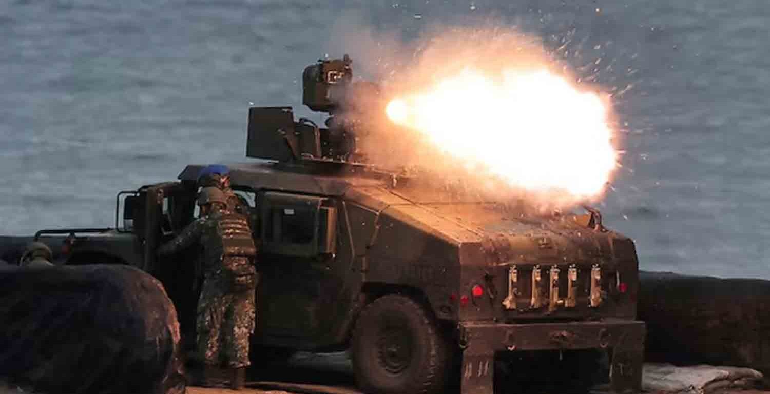 A U.S.-made TOW-2A wire-guided anti-tank missile launched by Taiwanese soldiers from a M1167 TOW carrier vehicle at the Fangshan training grounds in Pingtung, Taiwan.