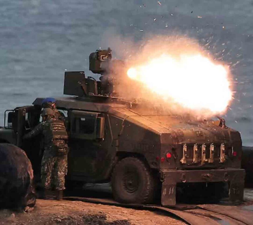 A U.S.-made TOW-2A wire-guided anti-tank missile launched by Taiwanese soldiers from a M1167 TOW carrier vehicle at the Fangshan training grounds in Pingtung, Taiwan.