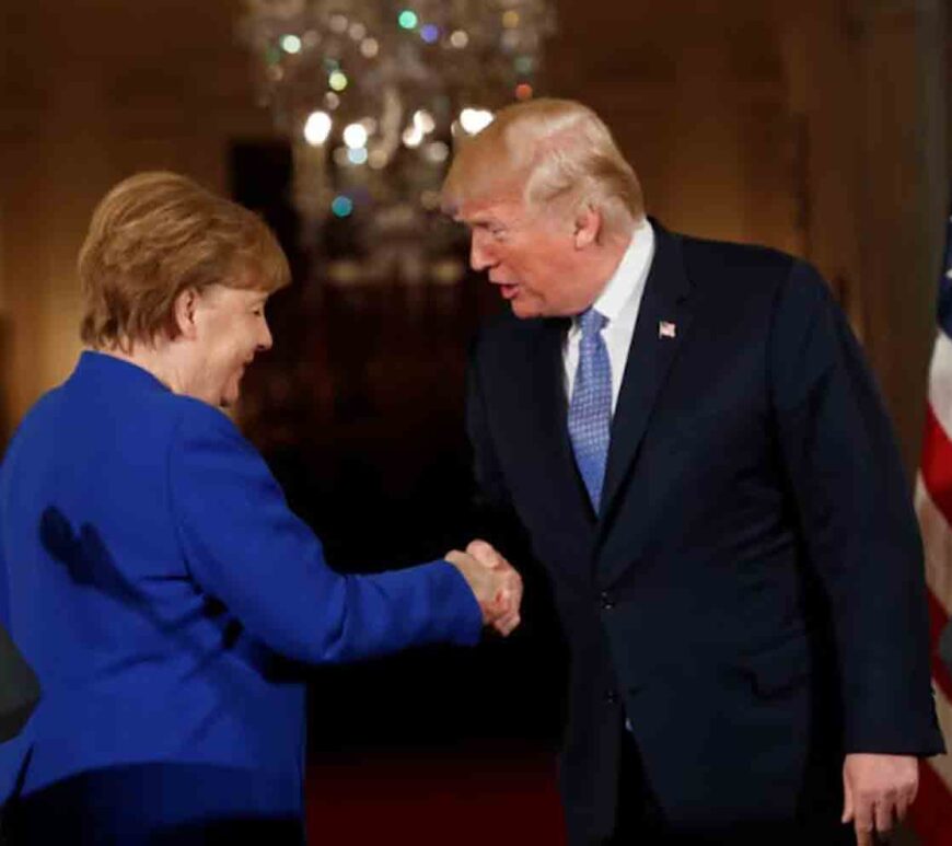 U.S. President Donald Trump greets Germany's Chancellor Angela Merkel after a joint news conference in the East Room of the White House in Washington, U.S., April 27, 2018.