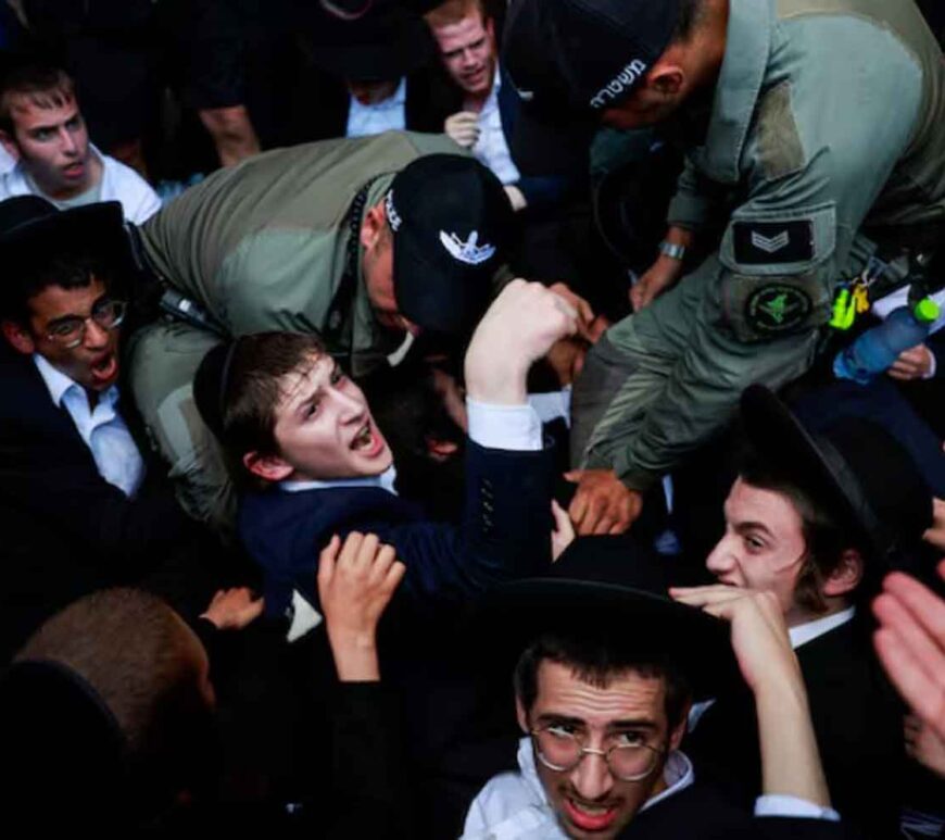 Ultra-Orthodox Jewish men protest over the draft, Bnei Brak, July 16, 2024.