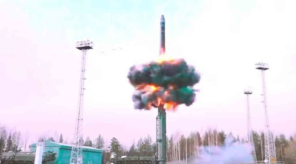 A Yars intercontinental ballistic missile is launched during a test from the Plesetsk cosmodrome in Northern Arkhangelsk region, Russia.