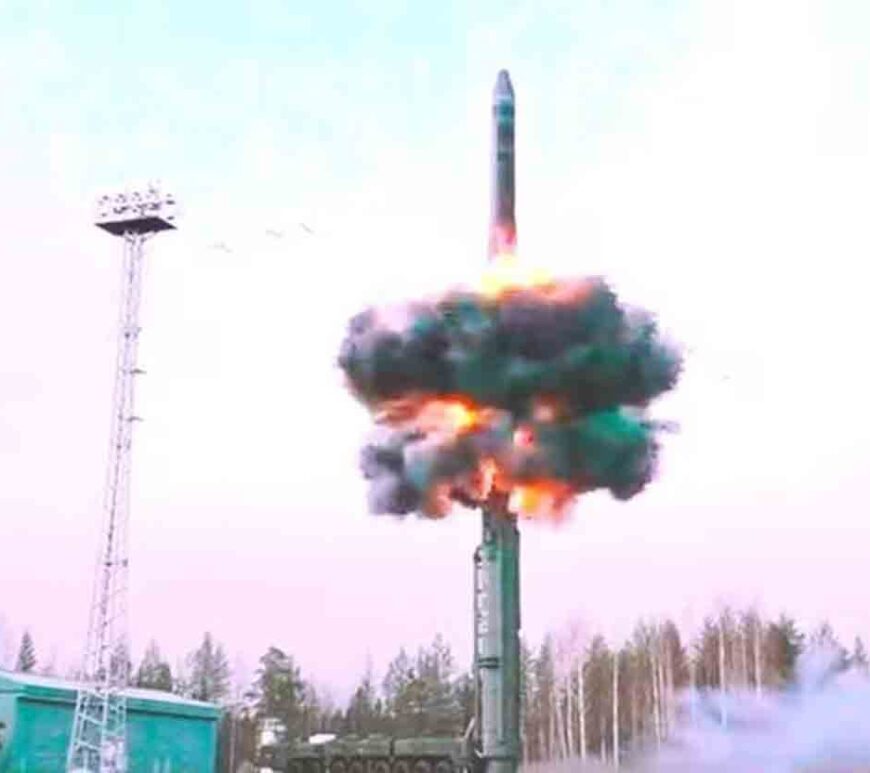 A Yars intercontinental ballistic missile is launched during a test from the Plesetsk cosmodrome in Northern Arkhangelsk region, Russia.