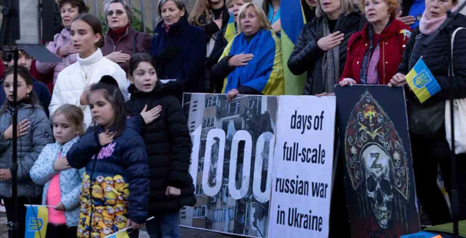 Protesters gather to participate in a demonstration marking the upcoming anniversary of 1,000 days since Russia's invasion of Ukraine, near the Russian Embassy in Rome, Italy.