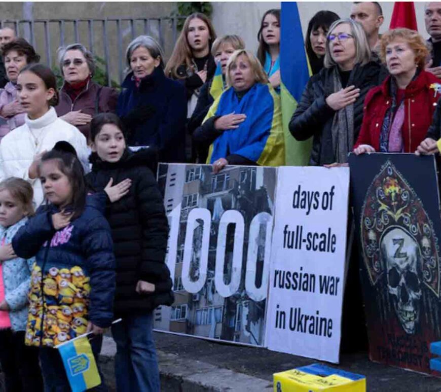 Protesters gather to participate in a demonstration marking the upcoming anniversary of 1,000 days since Russia's invasion of Ukraine, near the Russian Embassy in Rome, Italy.