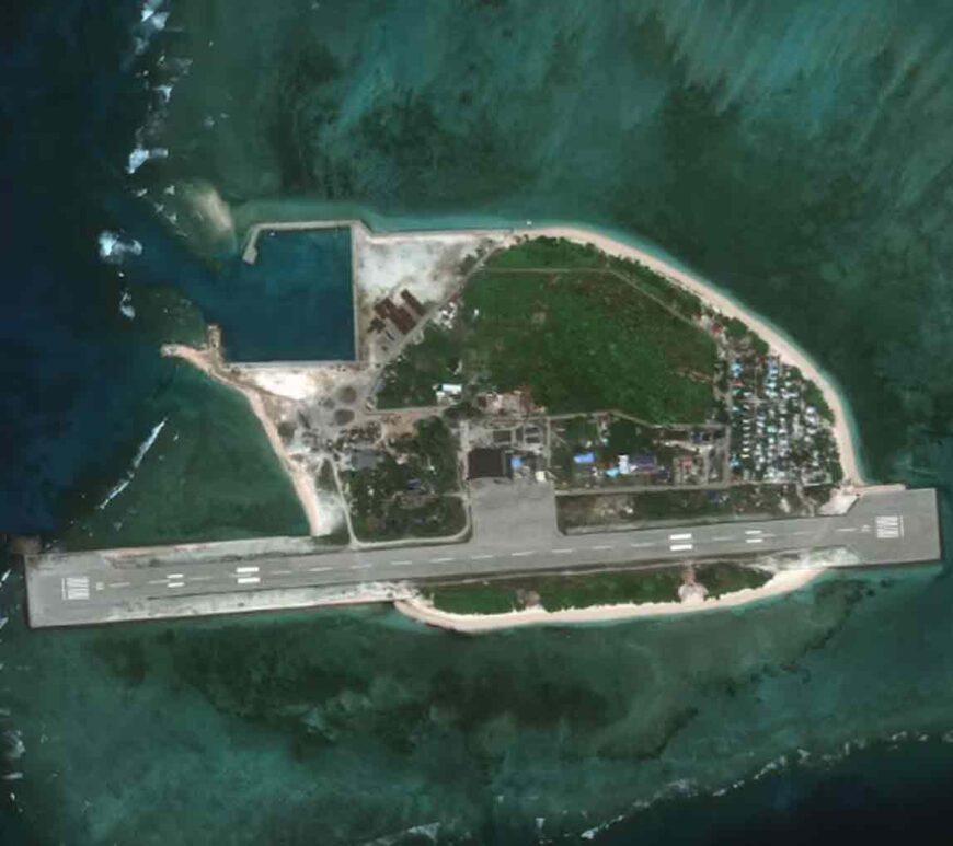 A satellite image appears to show an overview of Thitu Island in the South China Sea,.