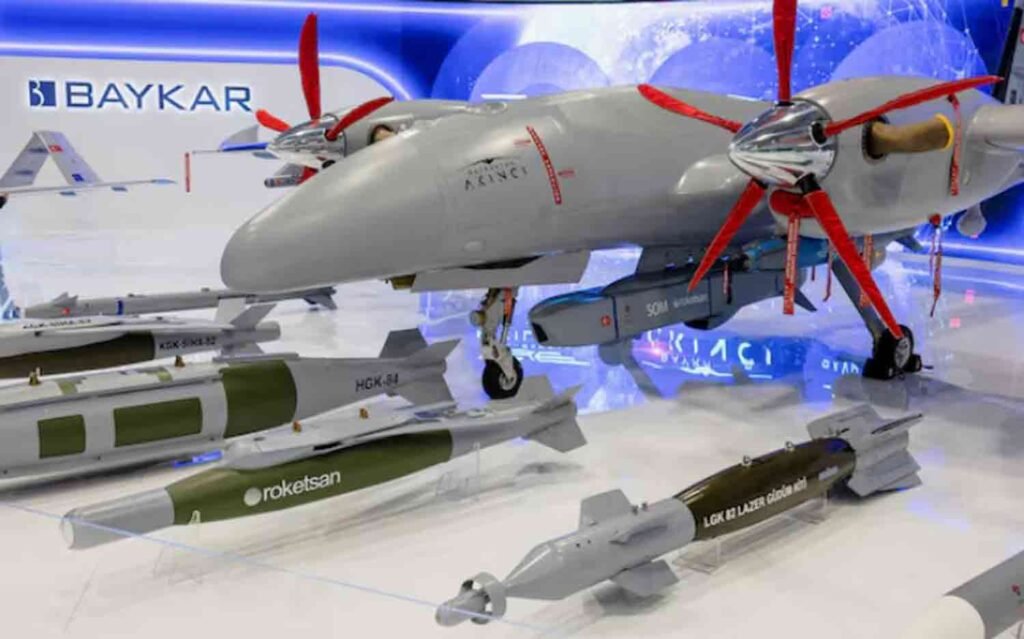 A Bayraktar Akinci unmanned combat drone is pictured at SAHA EXPO Defence & Aerospace Exhibition in Istanbul, Turkey.