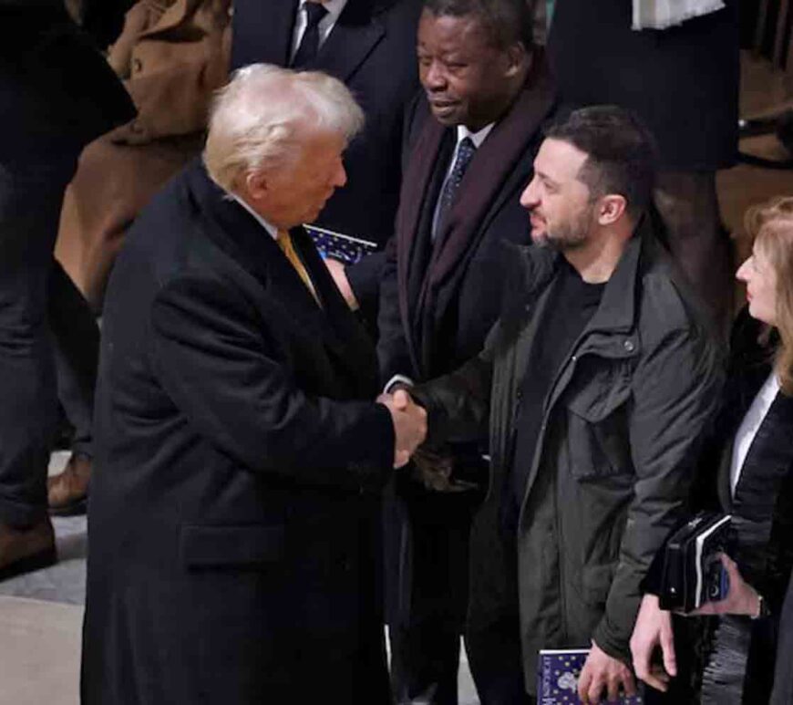 President-elect Donald Trump and Ukrainian President Volodymyr Zelenskiy shake hands inside the Notre-Dame de Paris Cathedral ahead of a ceremony to mark its re-opening following the 2019 fire, in Paris, France.