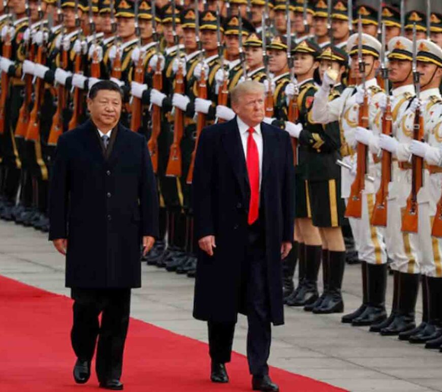 U.S. President Donald Trump takes part in a welcoming ceremony with China's President Xi Jinping in Beijing, China.