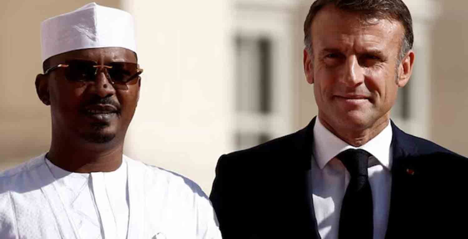 French President Emmanuel Macron poses with Chad's President General Mahamat Idriss Deby Itno at the 19th Francophonie Summit of French-speaking nations in the castle of Villers-Cotterets, France.