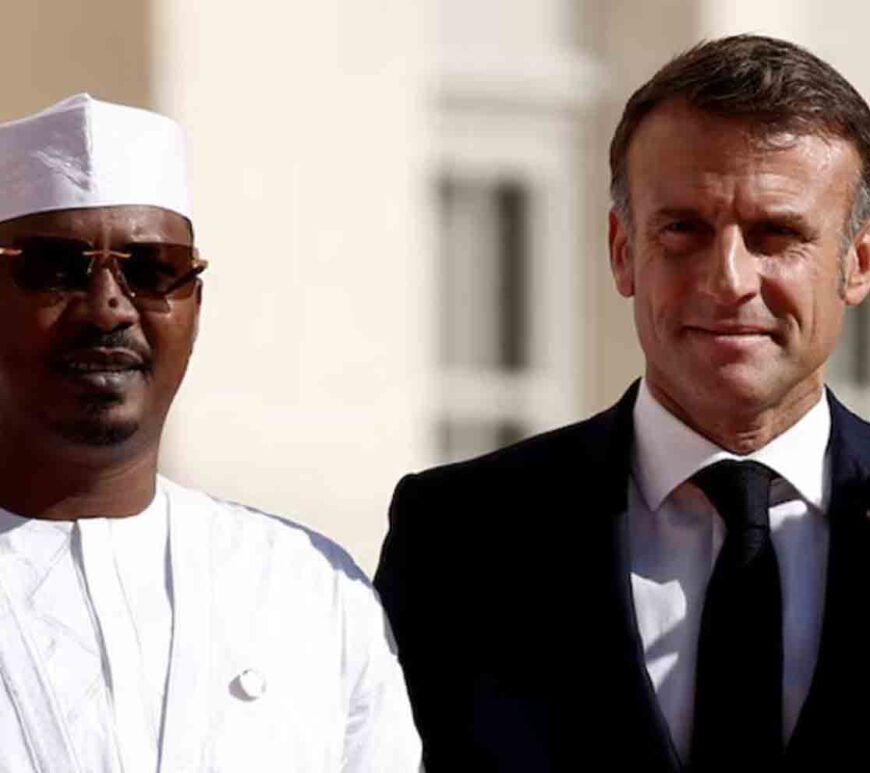 French President Emmanuel Macron poses with Chad's President General Mahamat Idriss Deby Itno at the 19th Francophonie Summit of French-speaking nations in the castle of Villers-Cotterets, France.