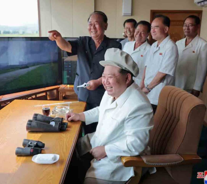 North Korean leader Kim Jong Un oversees a performance test of drones during a visit to the Drone Institute of North Korea's Academy of Defence Sciences at an undisclosed location in North Korea.