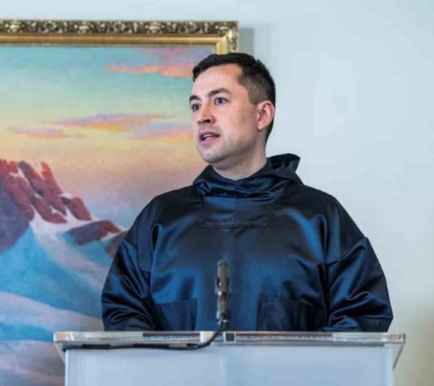 Greenland's Prime Minister Mute Bourup Egede speaks at a press conference during the opening of the European Commission's new office in Nuuk, Greenland.