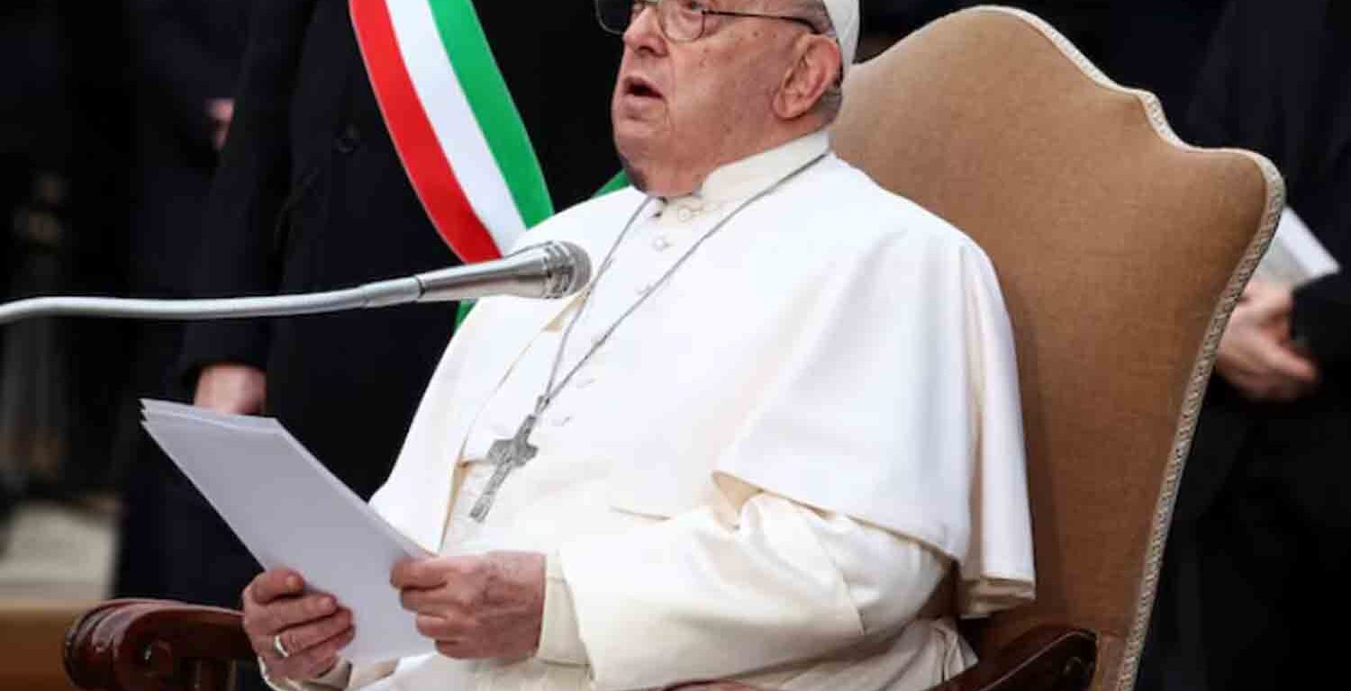 Pope Francis, with a large bruise on his chin, speaks during the Immaculate Conception celebration prayer near the Spanish Steps in Rome, Italy.