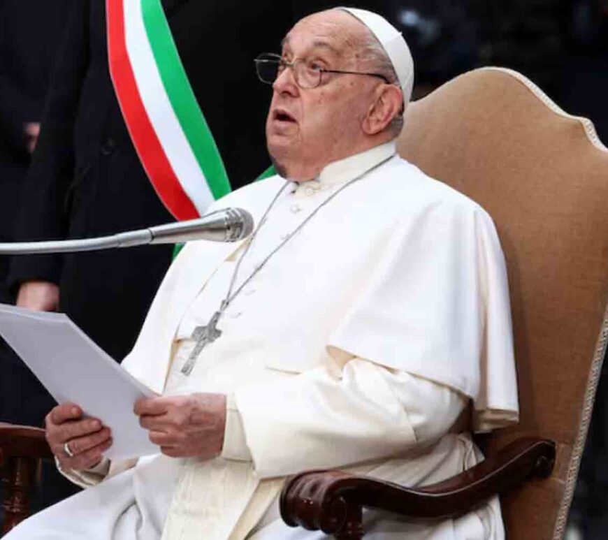 Pope Francis, with a large bruise on his chin, speaks during the Immaculate Conception celebration prayer near the Spanish Steps in Rome, Italy.