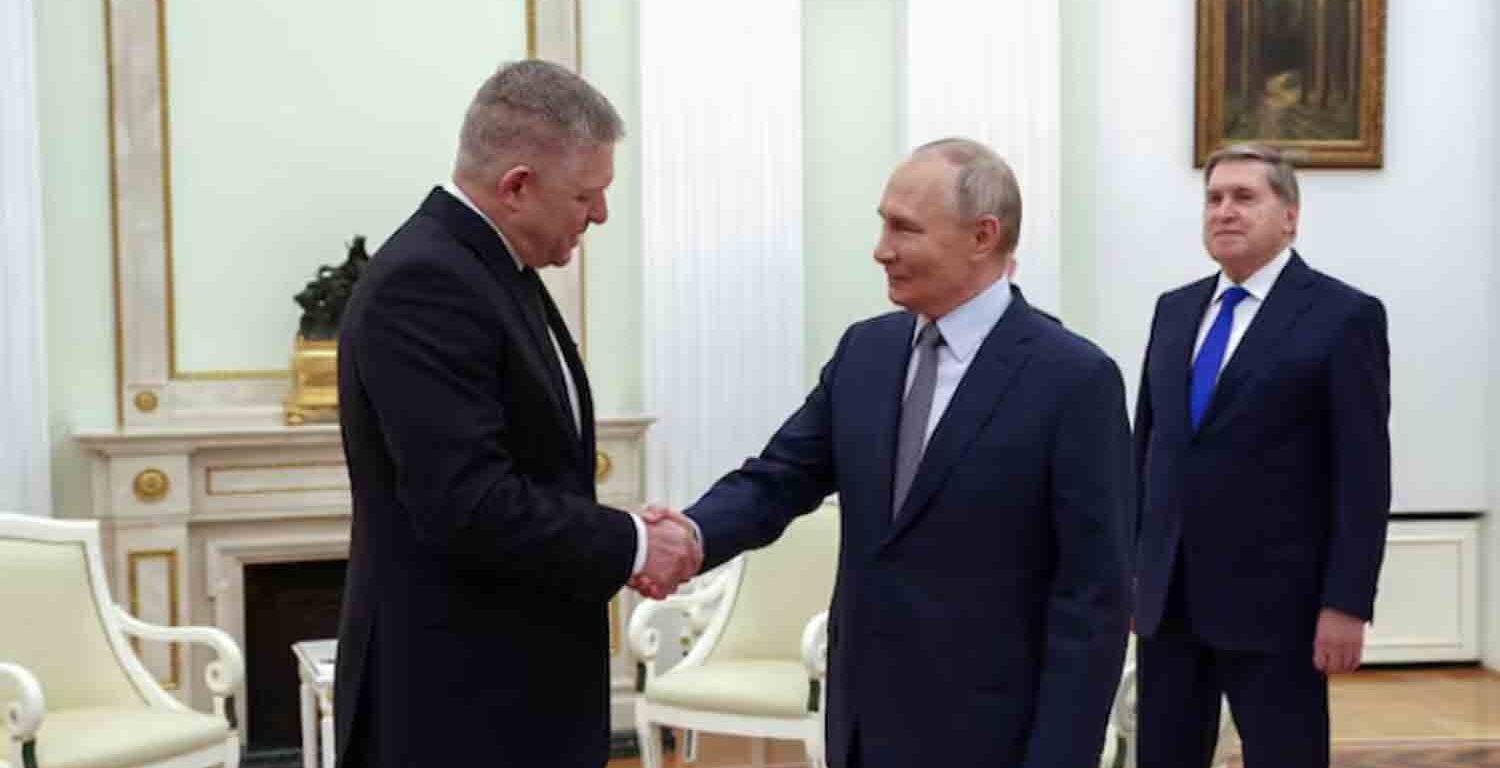 Russian President Vladimir Putin shakes hands with Slovak Prime Minister Robert Fico during a meeting in Moscow, Russia.