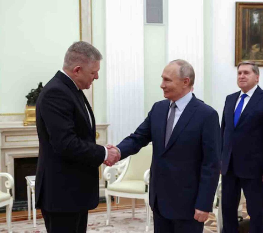 Russian President Vladimir Putin shakes hands with Slovak Prime Minister Robert Fico during a meeting in Moscow, Russia.