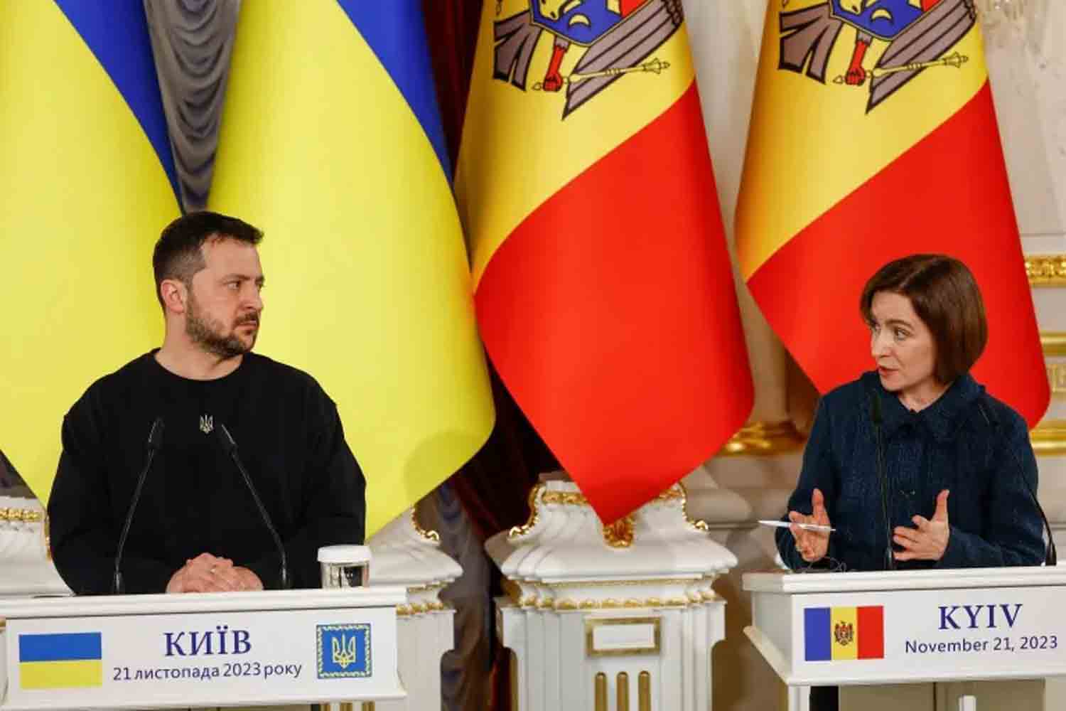 Ukraine's President Volodymyr Zelenskyy and Moldova's President Maia Sandu attend a joint news conference in Kyiv, Ukraine.