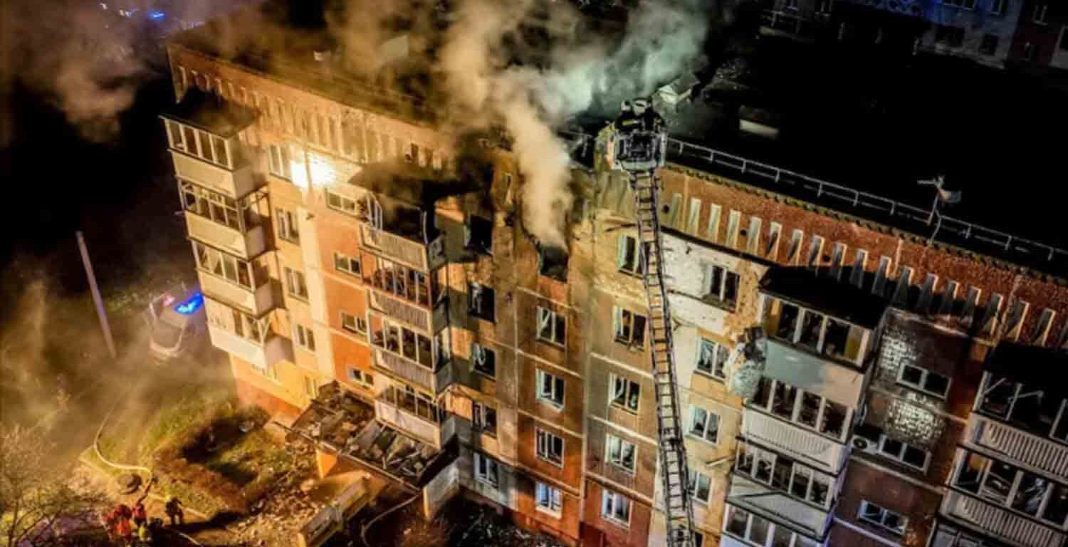 A drone view shows an apartment building hit by a Russian drone strike, amid Russia's attack on Ukraine, in Ternopil, Ukraine.